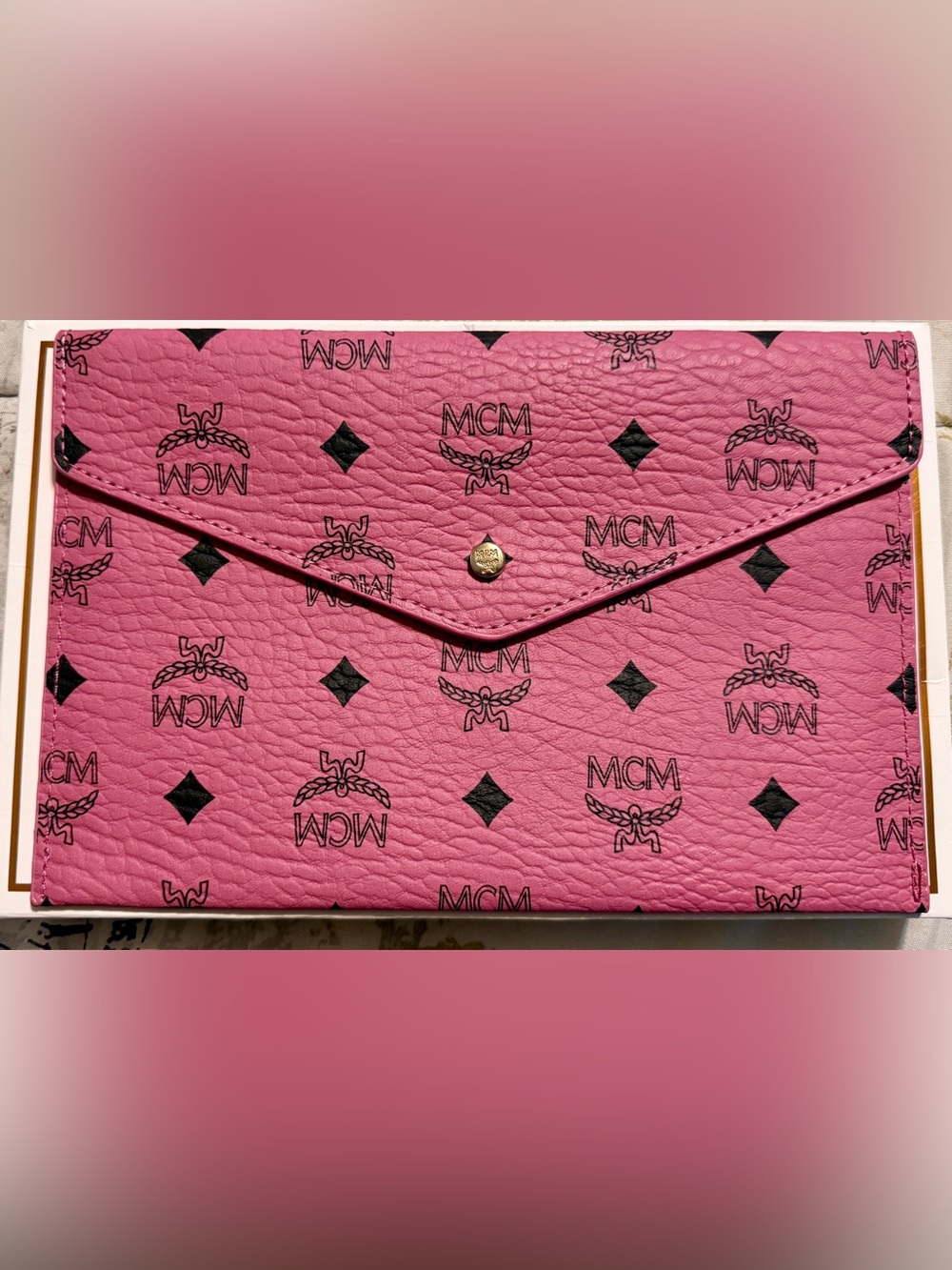 MCM Pink Monogram Envelope Wallet with Black Print and Gold Snap